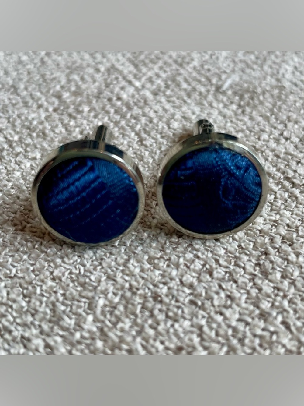 Silvertone Navy Blue Fabric Round Cuff Links Men’s Professional Wedding Work